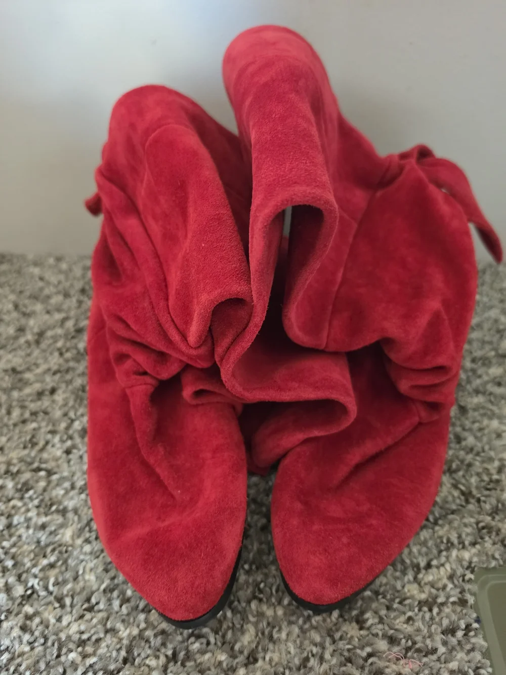 Vintage Red Suede Knee High Slouch Boots Made in Yugoslavia Size 8M Bow Accent